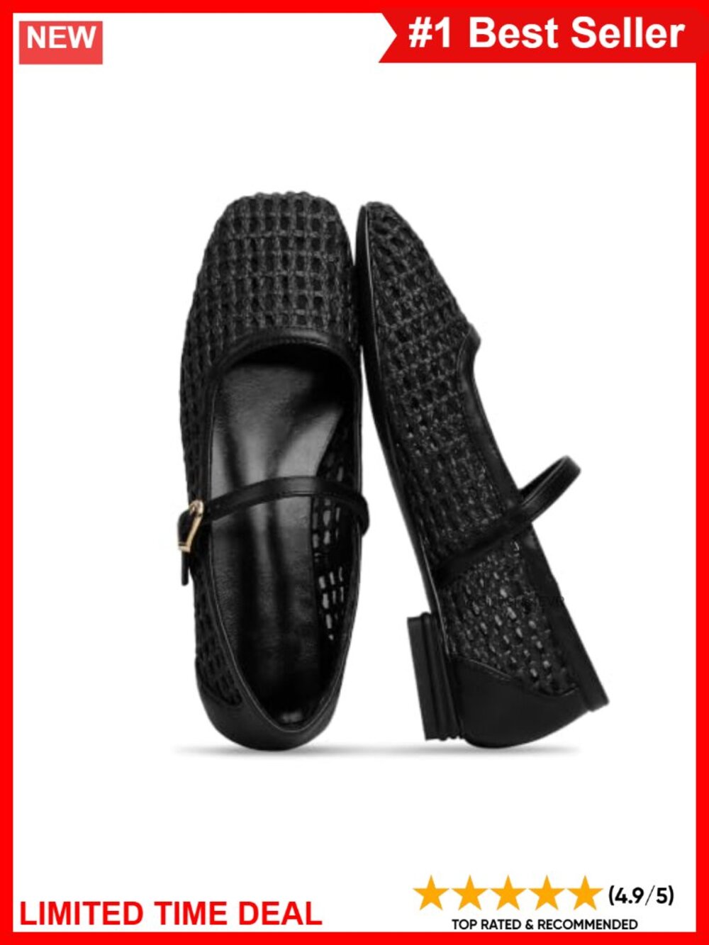 Women's Mesh Woven Mary Jane Ballet Flats Square Toe Raffia